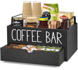 coffee station organizer with drawer, wooden coffee bar accessories organizer for counter, farmhouse kcup coffee pod holder storage box with handle, coffee bar organizer station for coffee bar decor