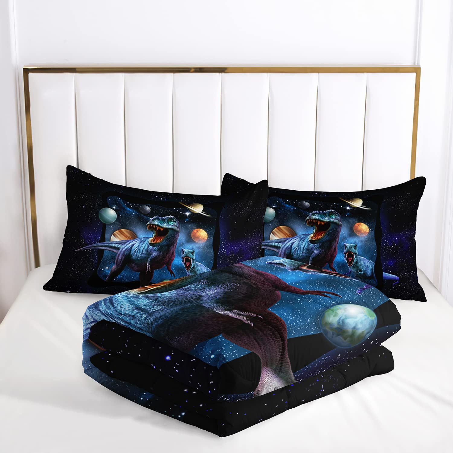 AILONEN Space Galaxy Dinosaur Bedding Set, Purple Dreamy Nebula Dinosaur Queen Size Bedding Sets for Boys Girls,Dino Roar Planet Pattern Soft Breathable Quilt Set 3Pcs(1 Comforter + 2 Pillowcase)