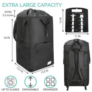 Terra Home College Essentials Travel Size Laundry Backpack - Portable, Durable, Foldable - Laundry Bag with Pockets for College Dorms - Extra Large Laundry Carrying Bag with Strap (Black)