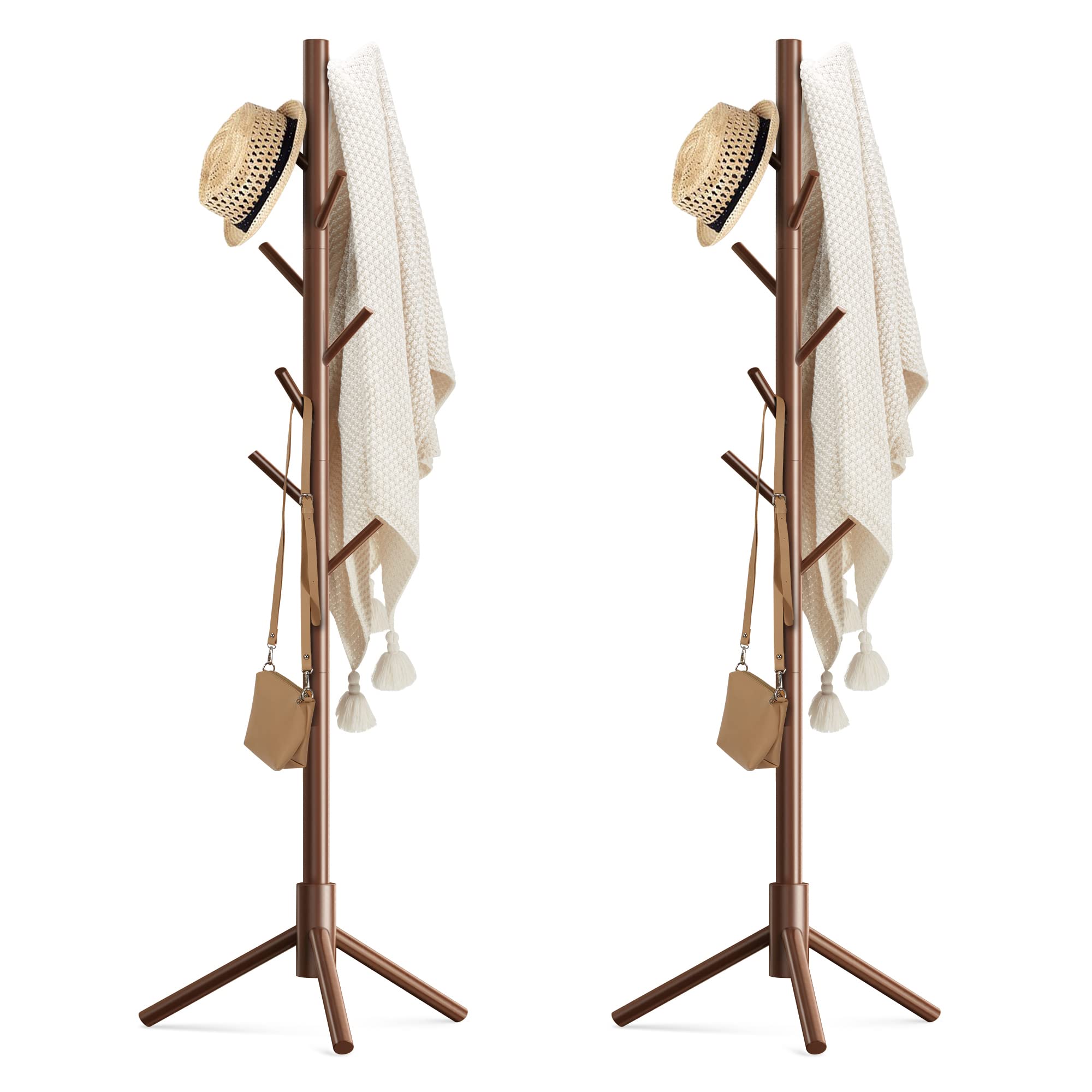 Haddockway Wooden Coat Rack Stand with 8 Hooks New Zealand Pine 3 Adjustable Coat Standing Tree Easy Assembly for Coats, Hats, Scarves and Handbags for Entryway, Hallway, Bedroom, Office,2 PCS