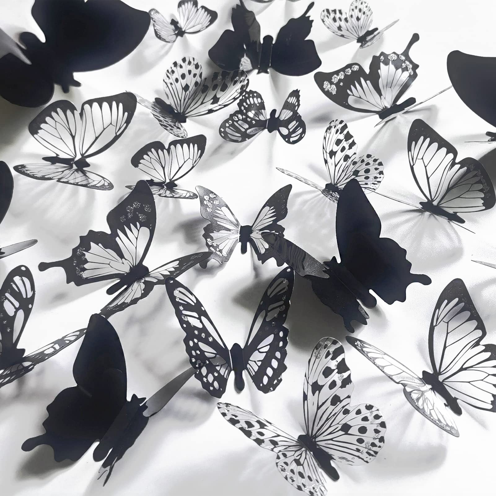 Ewong 3D Butterfly Wall Decor - 66Pcs Black Butterfly Decoration Party Cake Decorations - Removable Waterproof Butterfly Wall Decal Birthday Home Room Decor Bathroom Bedroom Sticker & Murals