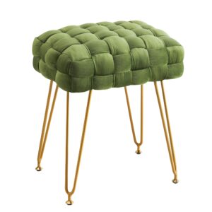 LUE BONA Velvet Vanity Stool, Rectangle Ottoman, Upholstered Make up Foot Stool with Gold Metal Legs and Padded Seat, Modern Footstool for Living Room, Bedroom,Dressing Room, Avocado Green