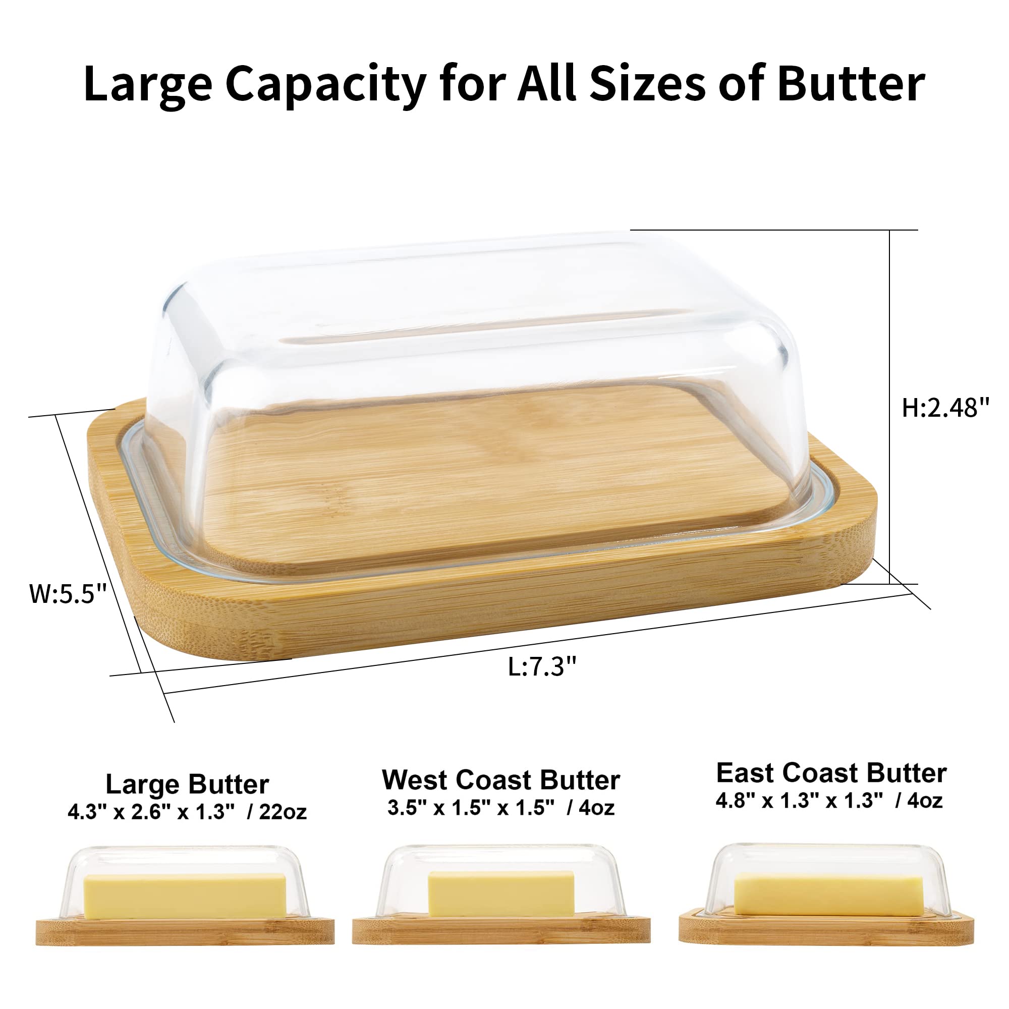 BTWD Glass Butter Dish with Lid for Countertop and Refrigerator, Extra Large Butter Keeper Container Storage with Handle for Fridge, Butter Holder for Counter, Butter Tray Clear Covered Butter Dishes