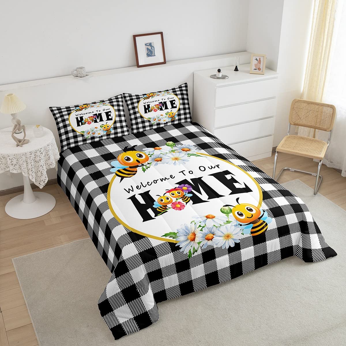 jejeloiu Cartoon Bee Comforter Set Twin Size Beehive Honeycomb Comforter Set for Boys Girls Children Black White Buffalo Check Bedding Set Room Decor Farmhouse Animals Duvet Set 2Pcs