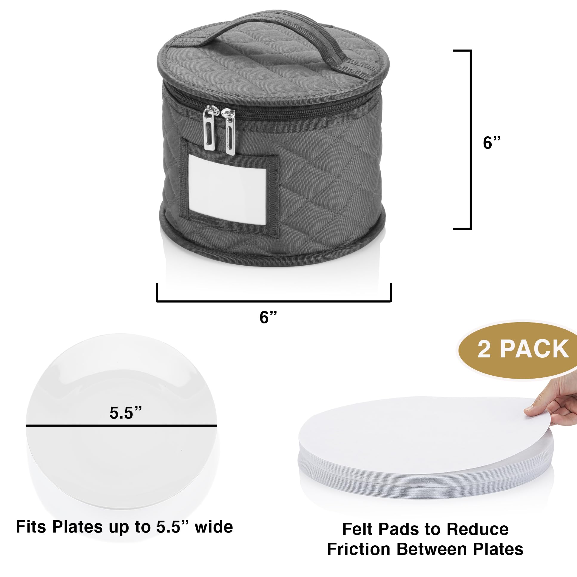 2 Pack 6" Small Plate Storage Case - China Storage Container - Stackable With Padded Interior to Store Dinnerware Dishes - 24 Felt Dividers Included - Gray - Great for Saucers and Small Bowls