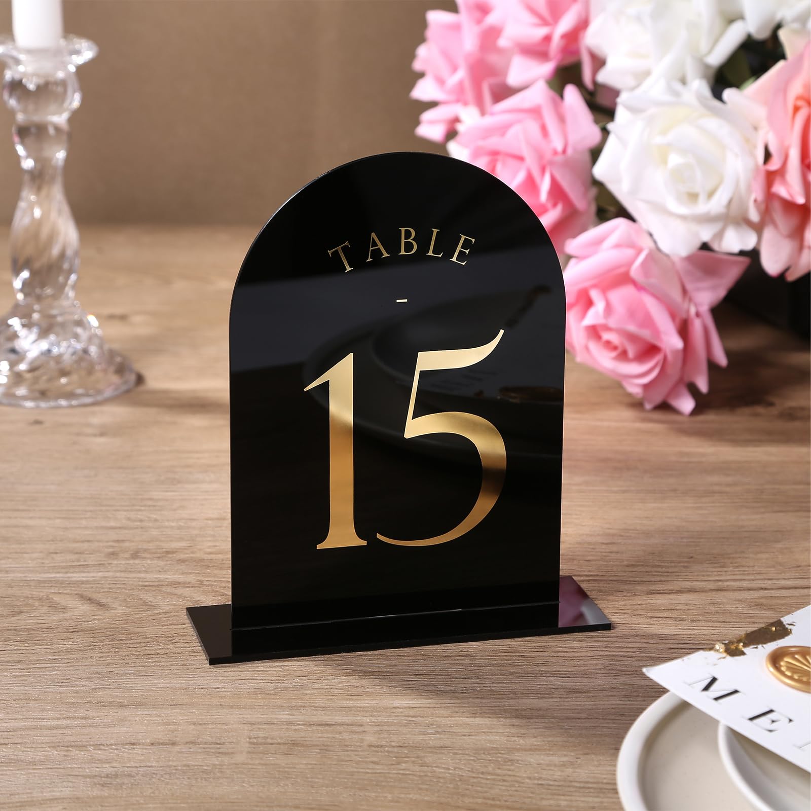 UNIQOOO Black Arch Wedding Table Numbers with Stands 1-20, Gold Foil Printed 5x7 Double Sided Acrylic Signs and Holders, Perfect for Centerpiece, Reception, Decoration, Party, Anniversary, Event