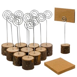 30 pcs rustic wood place card holders with swirl wire and 50 pcs kraft place cards, wooden table number holder stand photo picture note clip holders for wedding party name sign