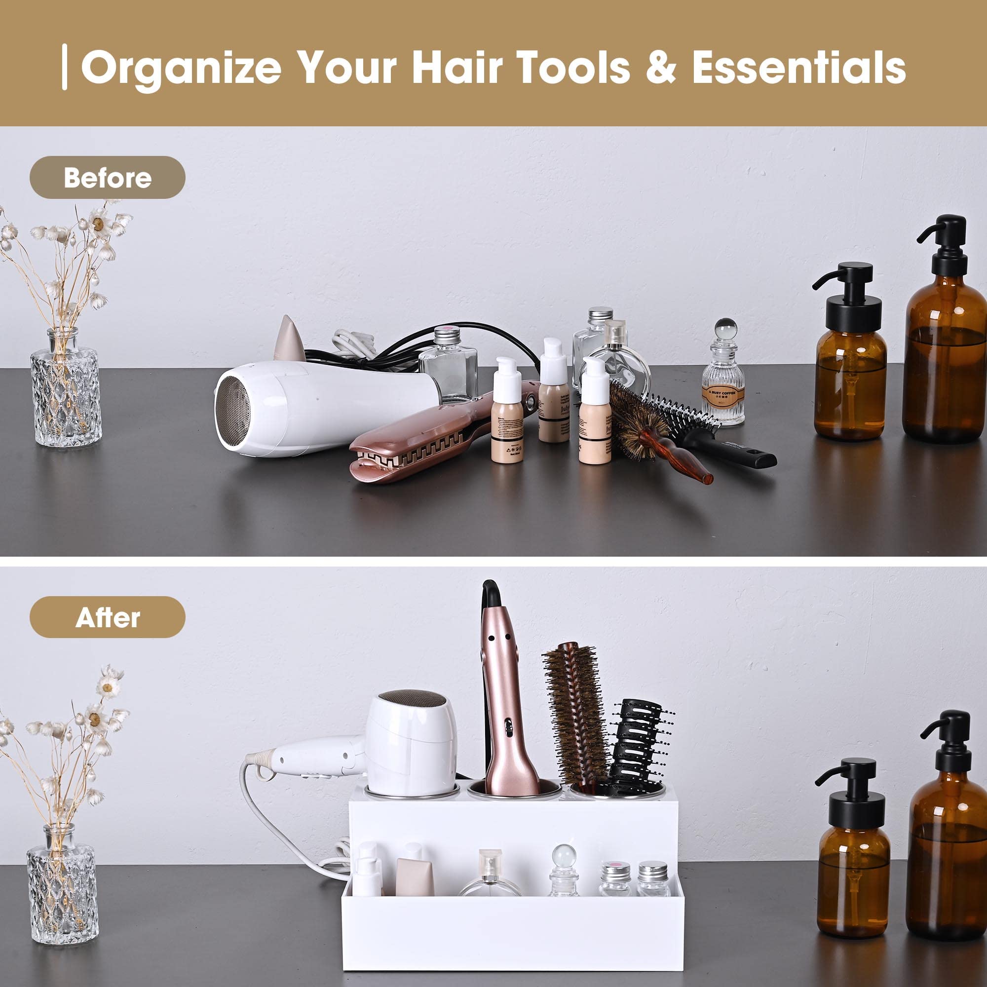 BYOOTIQUE Bathroom Hair Tool Organizer Acrylic Blow Dryer Holder Wall Mount/Countertop Tool Holder