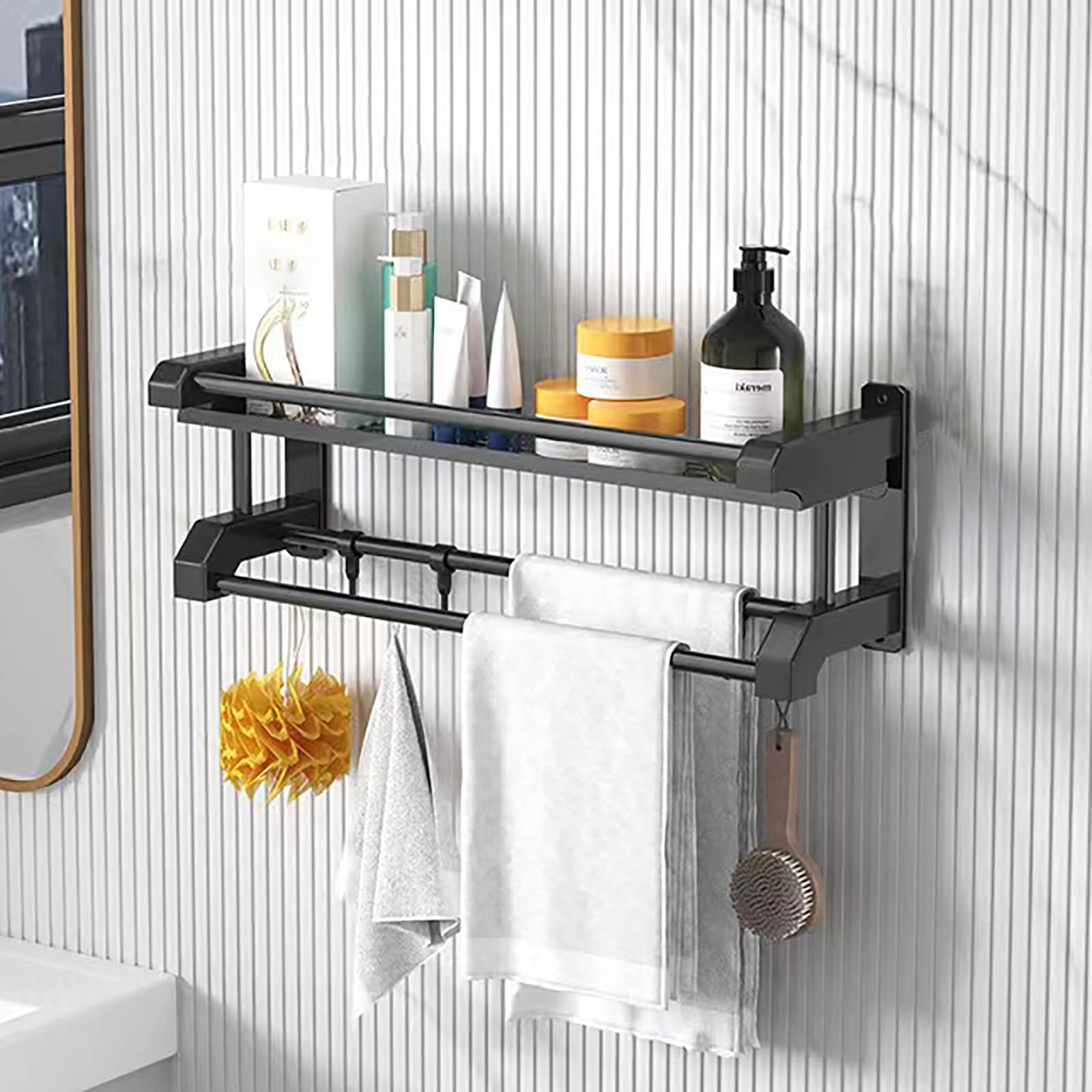 FERFXN Bathroom Shelf with Towel Bar Toilet Storage Shelf Large Towel Racks Storage Shelf 2 Tier Industrial Bathroom Shelves Wall Mounted Wall Shelves for Bathroom/Living Room/Kitchen/Bedroom 40x16cm