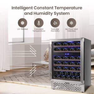 Wine Cooler Refrigerator 51 Bottles Compressor Dual Zone Built-in or Freestanding Fridge with Seamless Stainless Steel & Triple-Layer Tempered Reversible Glass Door and Temperature Memory Function