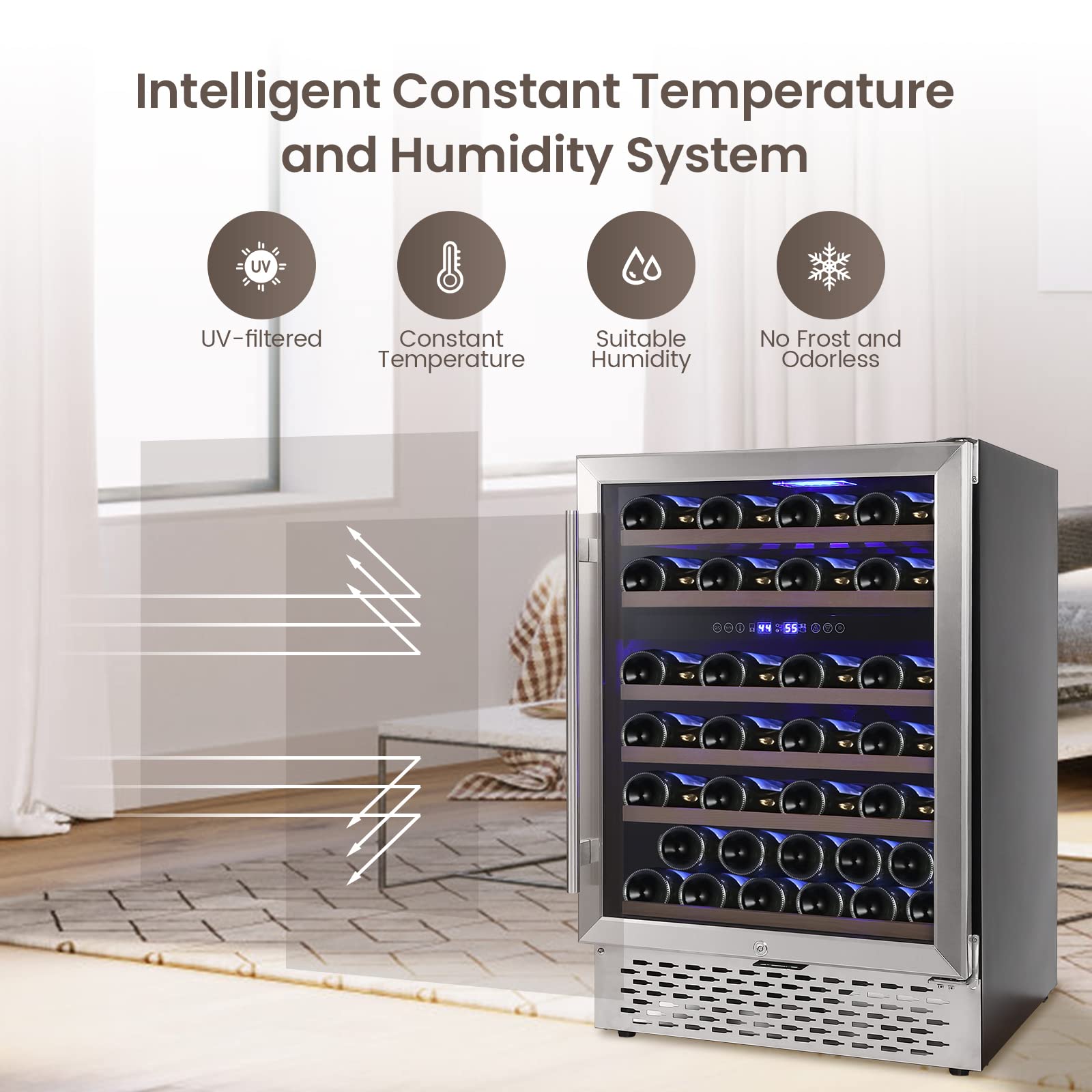 Wine Cooler Refrigerator 51 Bottles Compressor Dual Zone Built-in or Freestanding Fridge with Seamless Stainless Steel & Triple-Layer Tempered Reversible Glass Door and Temperature Memory Function