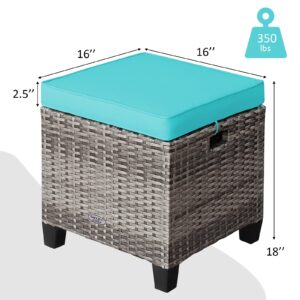 ORALNER Set of 2 Outdoor Ottoman, 16” Wicker Foot Stools, All-Weather Rattan Cube Footstool w/Removable Cushions, Square Footrest Extra Seating for Patio, Porch, Deck, Easy Assembly (Turquoise)