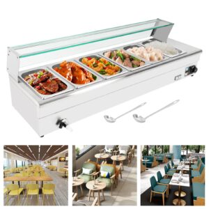 110v bain marie food warmer 6 pan x 1/3 gn food grade stainelss steel commercial food steam table 6-inch deep 1200w electric countertop food warmer 19 quart with tempered glass shield, pans, lids