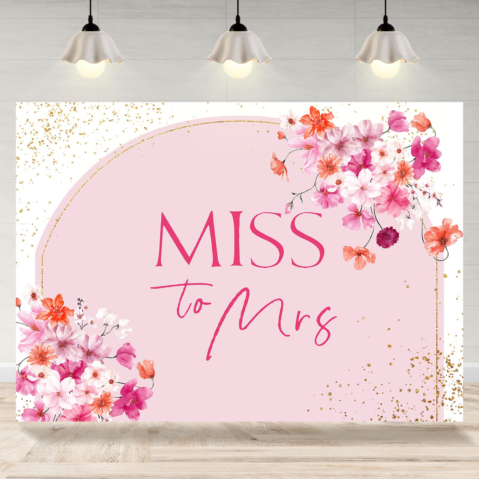 Rsuuinu Miss to Mrs Bridal Shower Backdrop Pink Flowers Golden Dots Photography Background Wedding Bride to Be Cake Table Party Decorations Banner Supplies Favors Photo Booth Studio Props 7x5ft