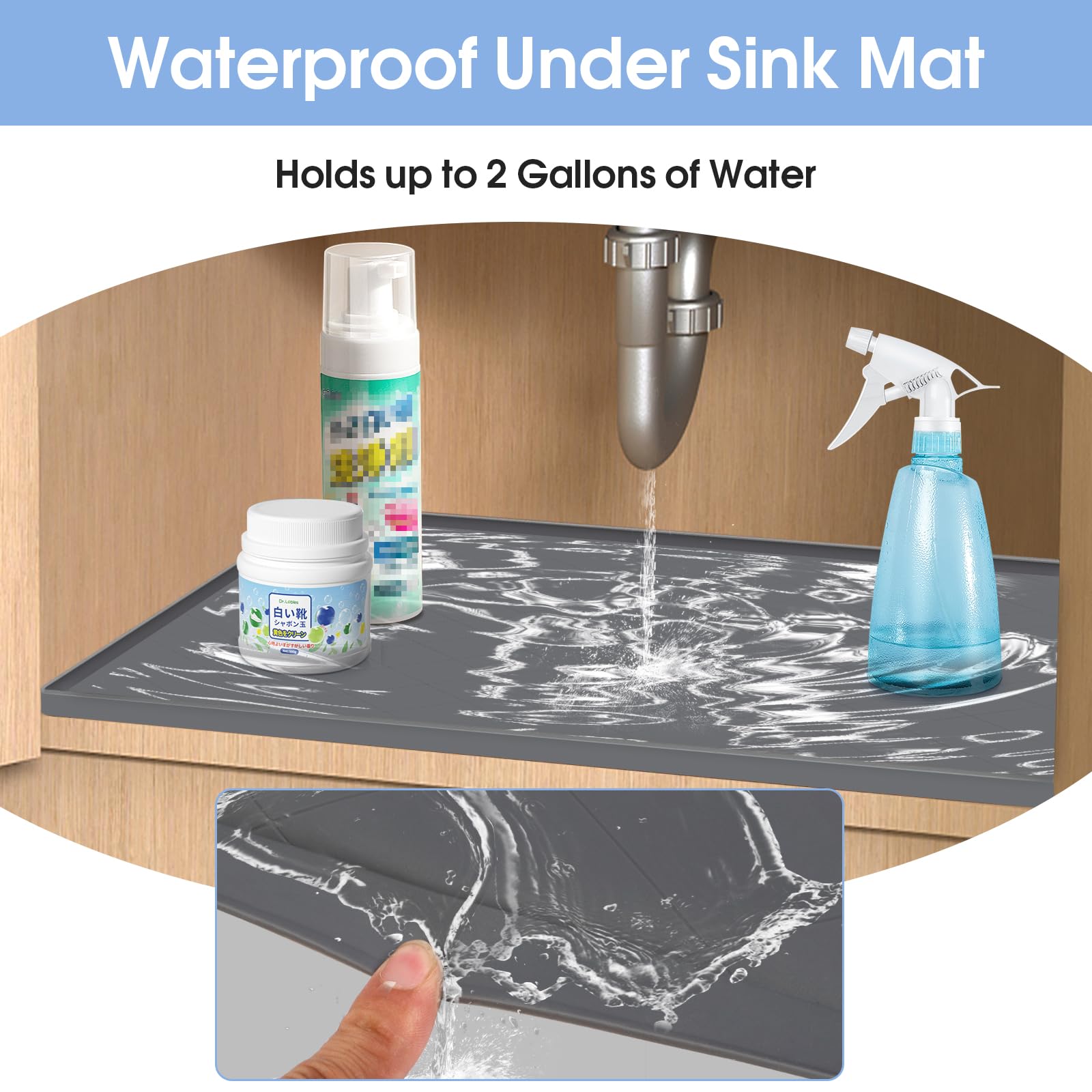 Under Sink Mat Kitchen Cabinet Tray, Flexible Waterproof Silicone Made, Disifenction Surface - 34" x 22"