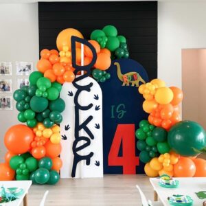 Green and Oange Balloon Arch Kit, Dinosaur Theme Balloon Garland Kit Birthday Balloons 5 10 18 inch Green Orange Yellow Latex Balloons for Baby Shower Decorations Bachelorette Graduation Party