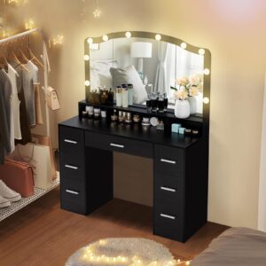 usikey 43.3" vanity desk with large lighted mirror, makeup vanity table with 7 drawers & 10 lights bulbs, 3 lighting colors, make vanity desk, vanity table for women girls, black