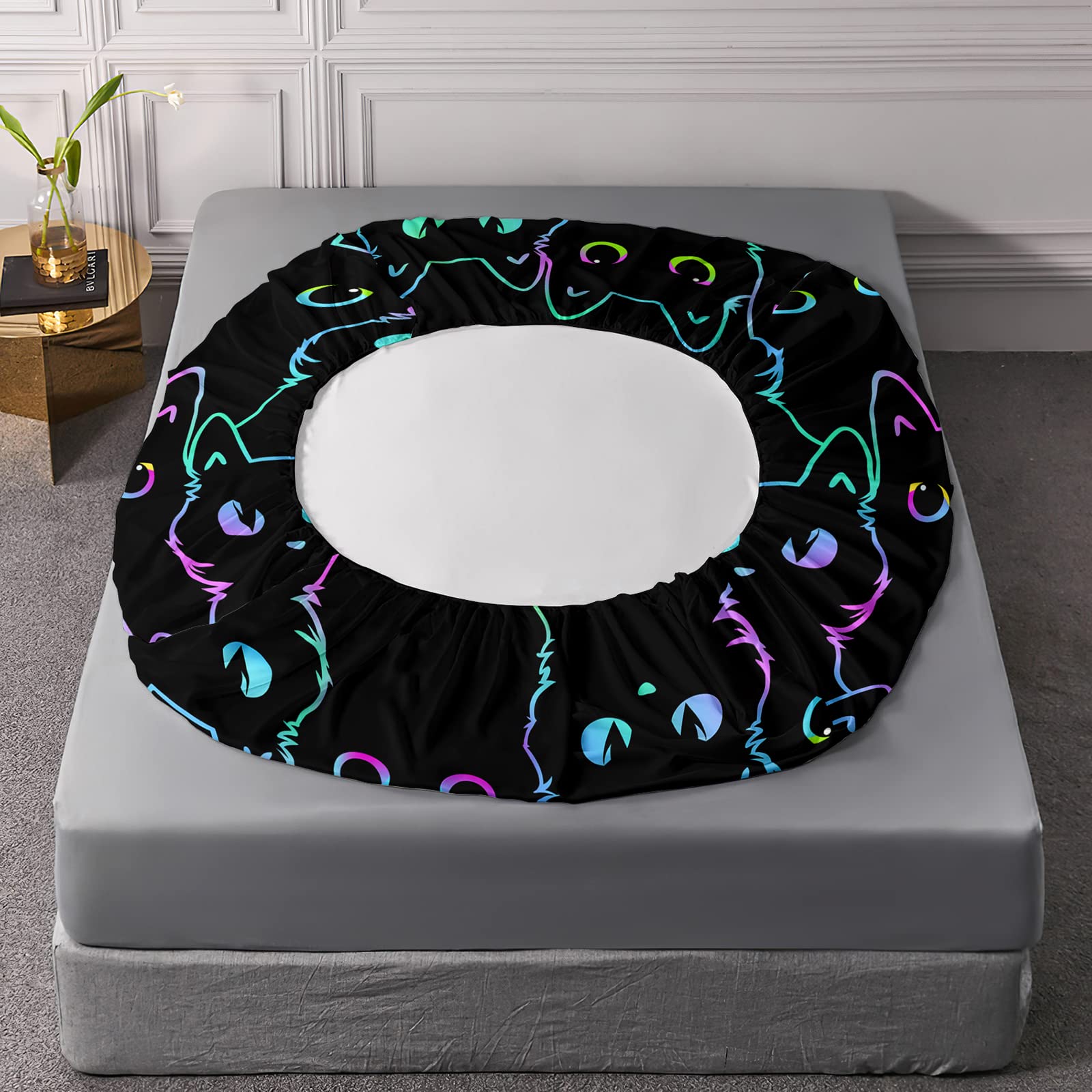 Axolotl Kids Bedding Cartoon Cat Sheet Set Twin Size,Gradient Line Cute Cat Bedding Set,4Pcs Kawaii Cat Bed Sets with 1 Fitted Sheet 1 Flat Sheet 2 Pillowcases for Kids Boys Girls Adults Teens,Black