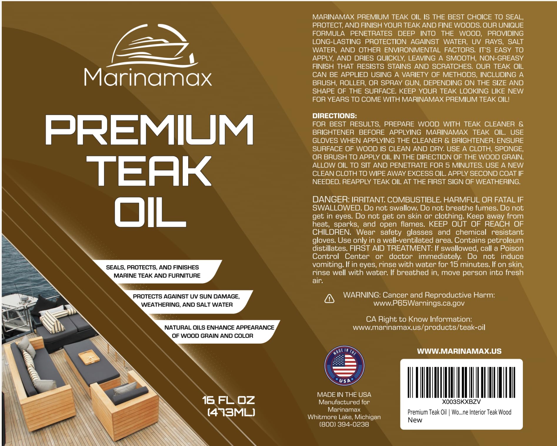 Premium Teak Oil 16 Oz | Wood Oil, Preserver, Stain, Sealer, and Protector | Great for Teak Furniture and Boat and Marine Interior Teak Wood