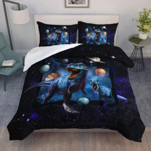 ailonen space galaxy dinosaur bedding set, purple dreamy nebula dinosaur queen size bedding sets for boys girls,dino roar planet pattern soft breathable quilt set 3pcs(1 comforter + 2 pillowcase)