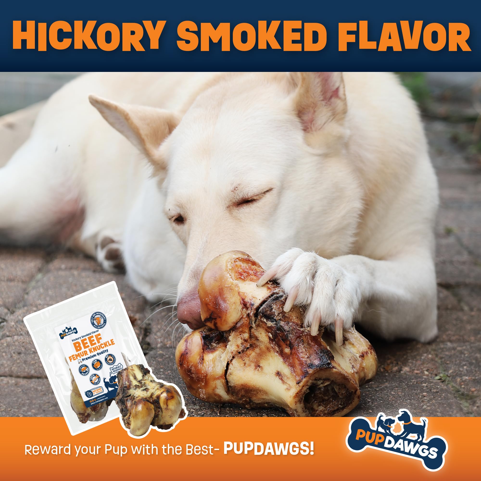 PUPDAWGS Dog-Bones-for-Aggressive-Chewers | 6" Hickory Smoked Flavor Femur Knuckles | Dog-Bones-for-Large-Dog | All Natural Dog Bone Treats Made in The USA - Individually Wrapped (3 Piece Pack)