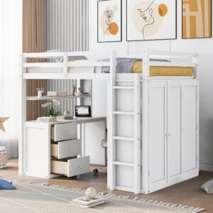 Merax Loft Bed Full Size Adult, Wooden Frame with Desk and Wardrobe, Storage Design with Drawers & Shelf, for Teen Girls & Boys(White)