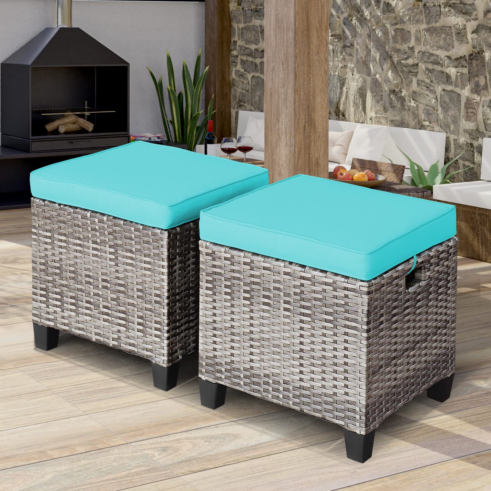 ORALNER Set of 2 Outdoor Ottoman, 16” Wicker Foot Stools, All-Weather Rattan Cube Footstool w/Removable Cushions, Square Footrest Extra Seating for Patio, Porch, Deck, Easy Assembly (Turquoise)