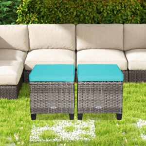 ORALNER Set of 2 Outdoor Ottoman, 16” Wicker Foot Stools, All-Weather Rattan Cube Footstool w/Removable Cushions, Square Footrest Extra Seating for Patio, Porch, Deck, Easy Assembly (Turquoise)