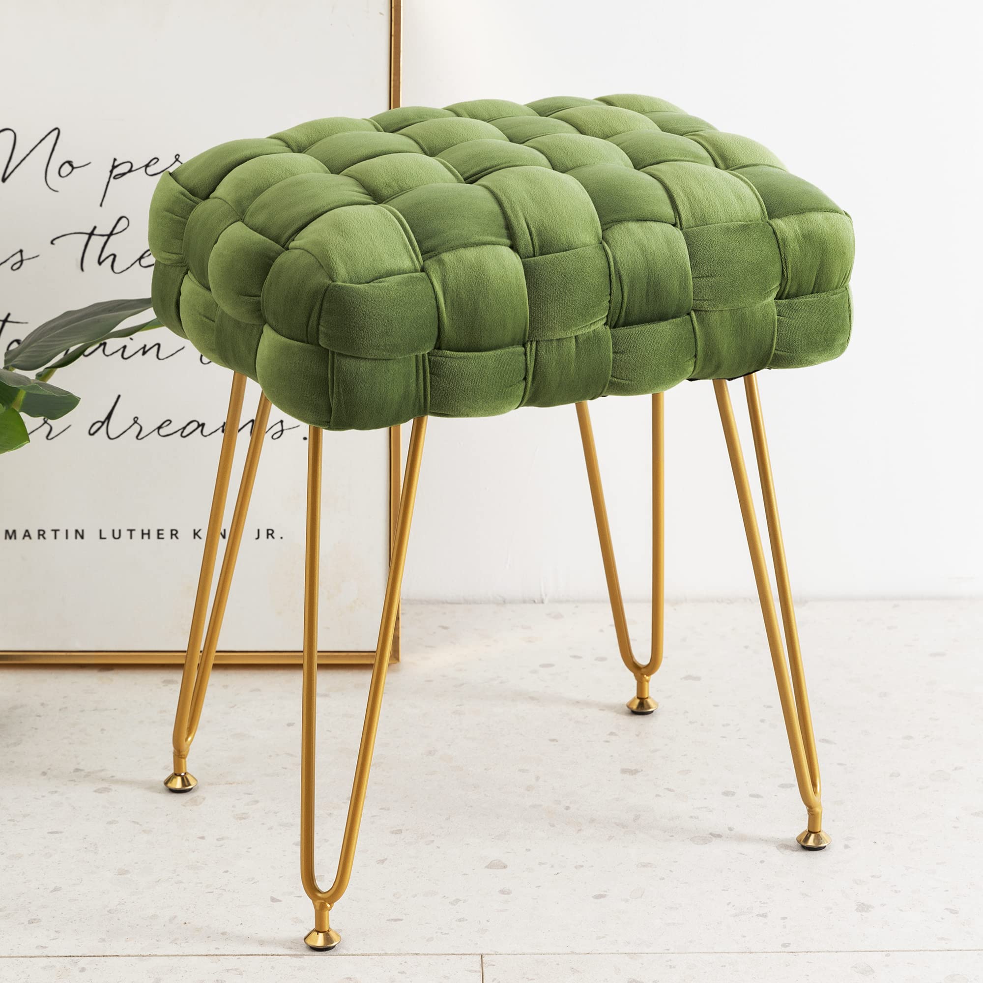 LUE BONA Velvet Vanity Stool, Rectangle Ottoman, Upholstered Make up Foot Stool with Gold Metal Legs and Padded Seat, Modern Footstool for Living Room, Bedroom,Dressing Room, Avocado Green