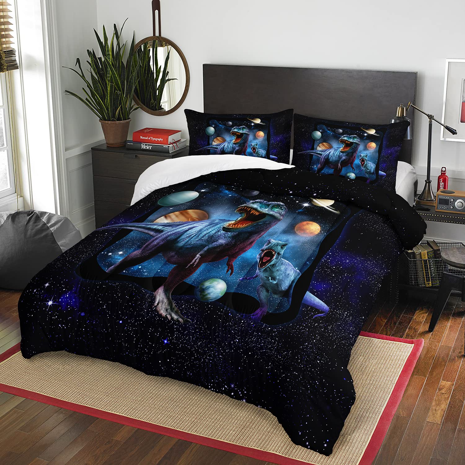 AILONEN Space Galaxy Dinosaur Bedding Set, Purple Dreamy Nebula Dinosaur Queen Size Bedding Sets for Boys Girls,Dino Roar Planet Pattern Soft Breathable Quilt Set 3Pcs(1 Comforter + 2 Pillowcase)