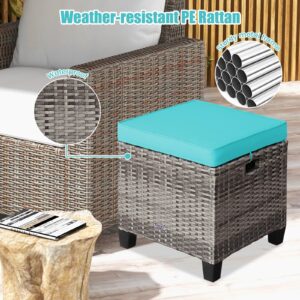 ORALNER Set of 2 Outdoor Ottoman, 16” Wicker Foot Stools, All-Weather Rattan Cube Footstool w/Removable Cushions, Square Footrest Extra Seating for Patio, Porch, Deck, Easy Assembly (Turquoise)