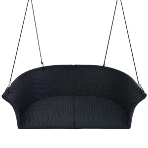 P PURLOVE 2-Seater Wicker Hanging Seat,Porch Swing Bench with Hanging Ropes,Cushion, Pillow, Rattan Swing Bench for Garden, Backyard, Pond,Black Wicker and White Cushion