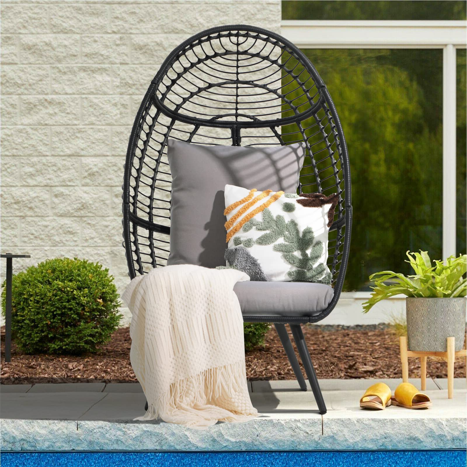 Patiorama Wicker Egg Chair Outdoor Indoor, Rattan Lounge Chair for Outside w/Legs Cushion, Basket Wicker Chair for Bedroom Living Room Front Porch Backyard Garden 350 lbs Capacity (Grey)