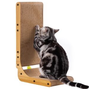 poils bebe l shape cat scratcher, 26.8 inch cat scratchers for indoor cats, protecting furniture cat scratch pad, cardboard cat scratching with ball toy, catnip, large