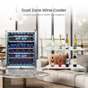 Wine Cooler Refrigerator 51 Bottles Compressor Dual Zone Built-in or Freestanding Fridge with Seamless Stainless Steel & Triple-Layer Tempered Reversible Glass Door and Temperature Memory Function