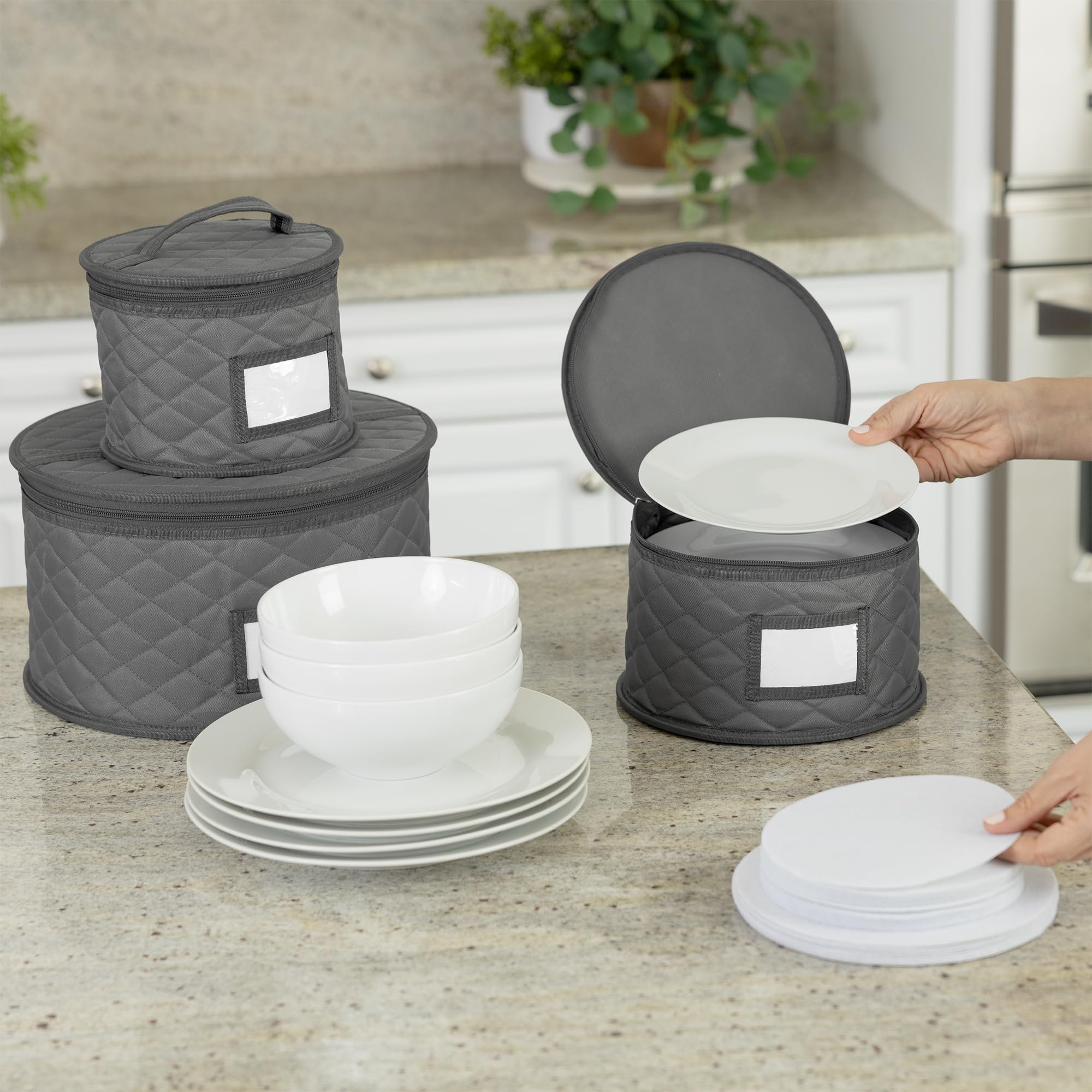 2 Pack 6" Small Plate Storage Case - China Storage Container - Stackable With Padded Interior to Store Dinnerware Dishes - 24 Felt Dividers Included - Gray - Great for Saucers and Small Bowls