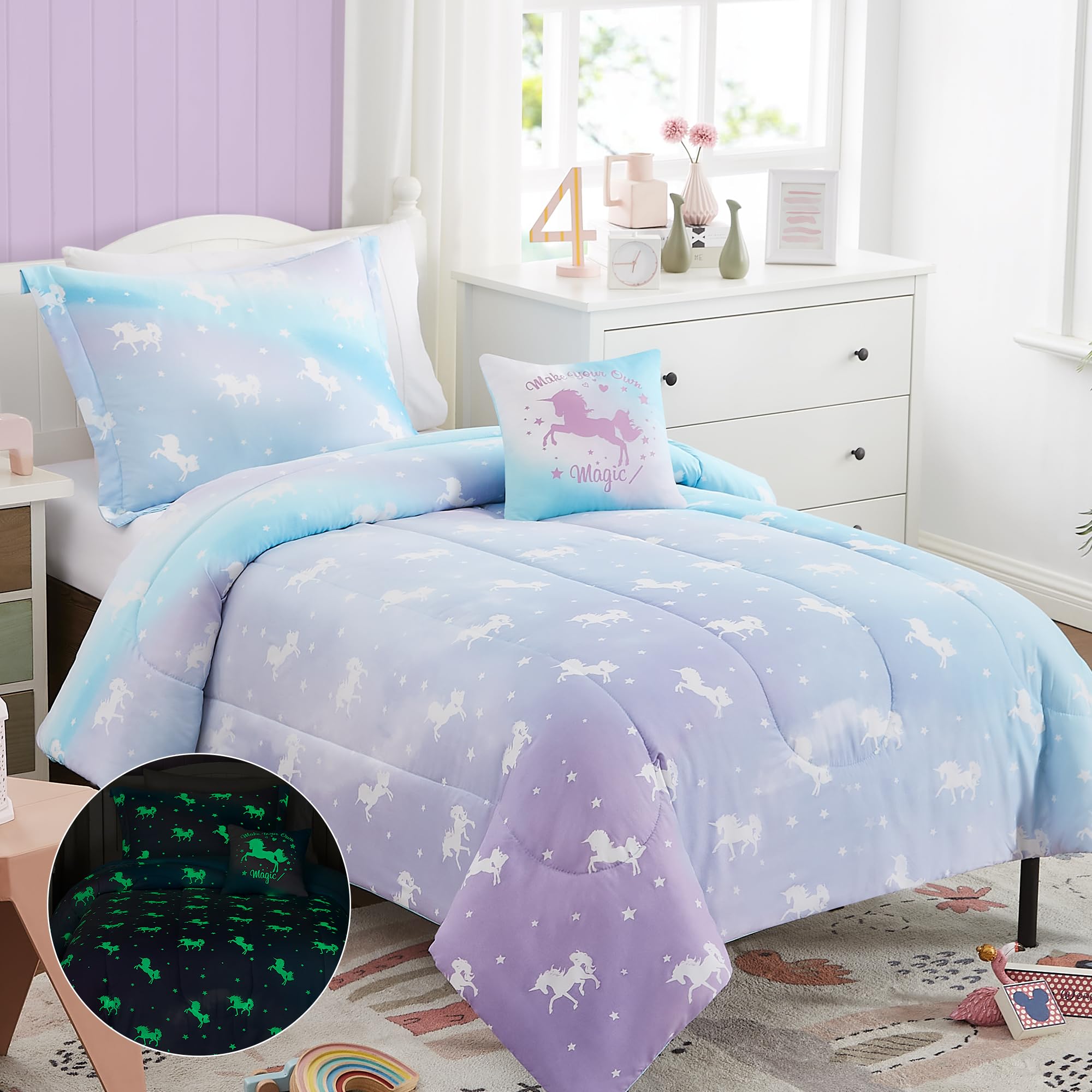 Kaleido Space KALEIDOSPACE Kids Twin Comforter Sets for Girls, Glow in The Dark Unicorn Bedding Sets -3 Pieces Lightweight Bed in A Bag