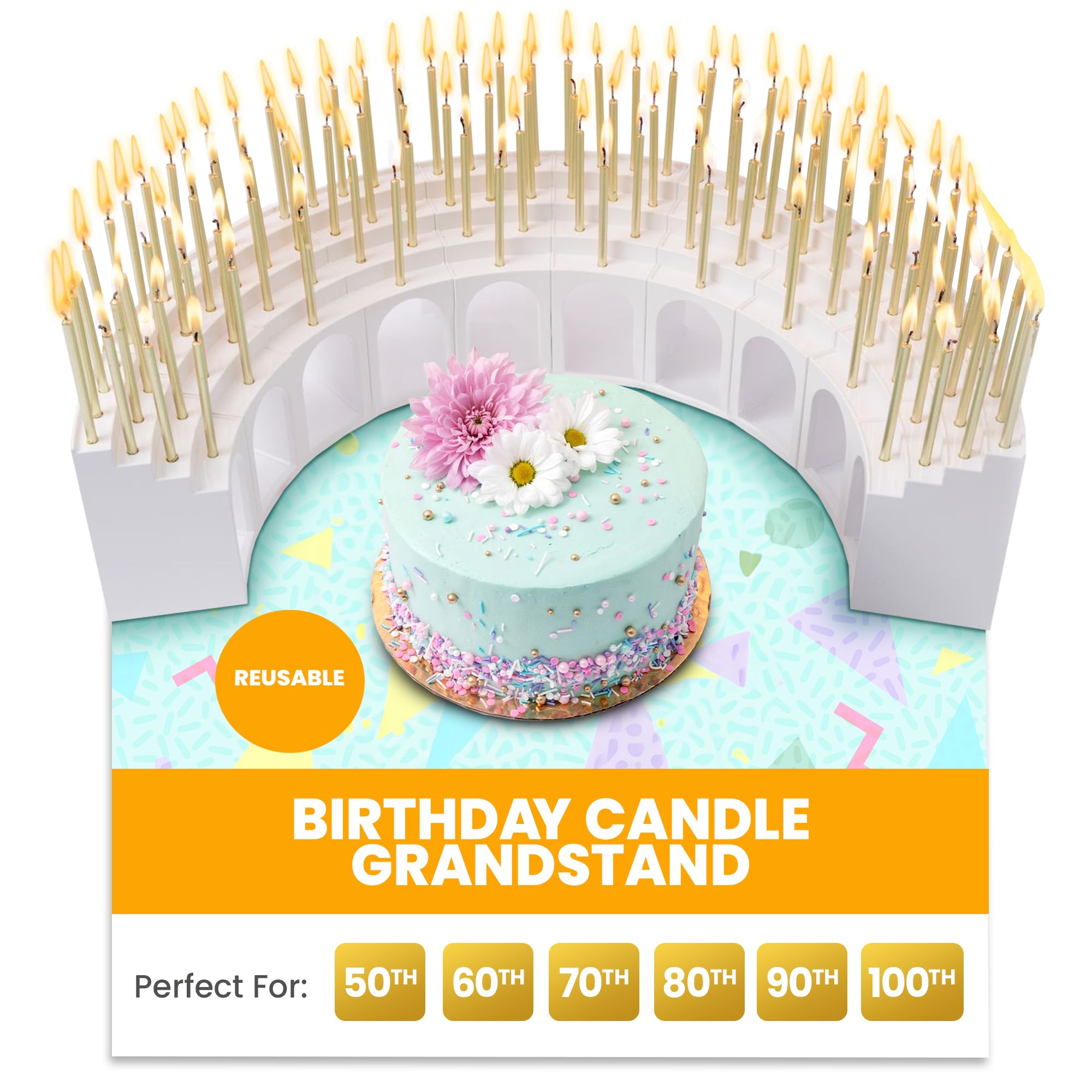 Celebration Stadium Birthday Candle Holder Grandstand, Perfect for 50th 60th 70th 75th 80th 90th 100th and All Other Milestone Birthdays, Includes 100 Gold Birthday Candles