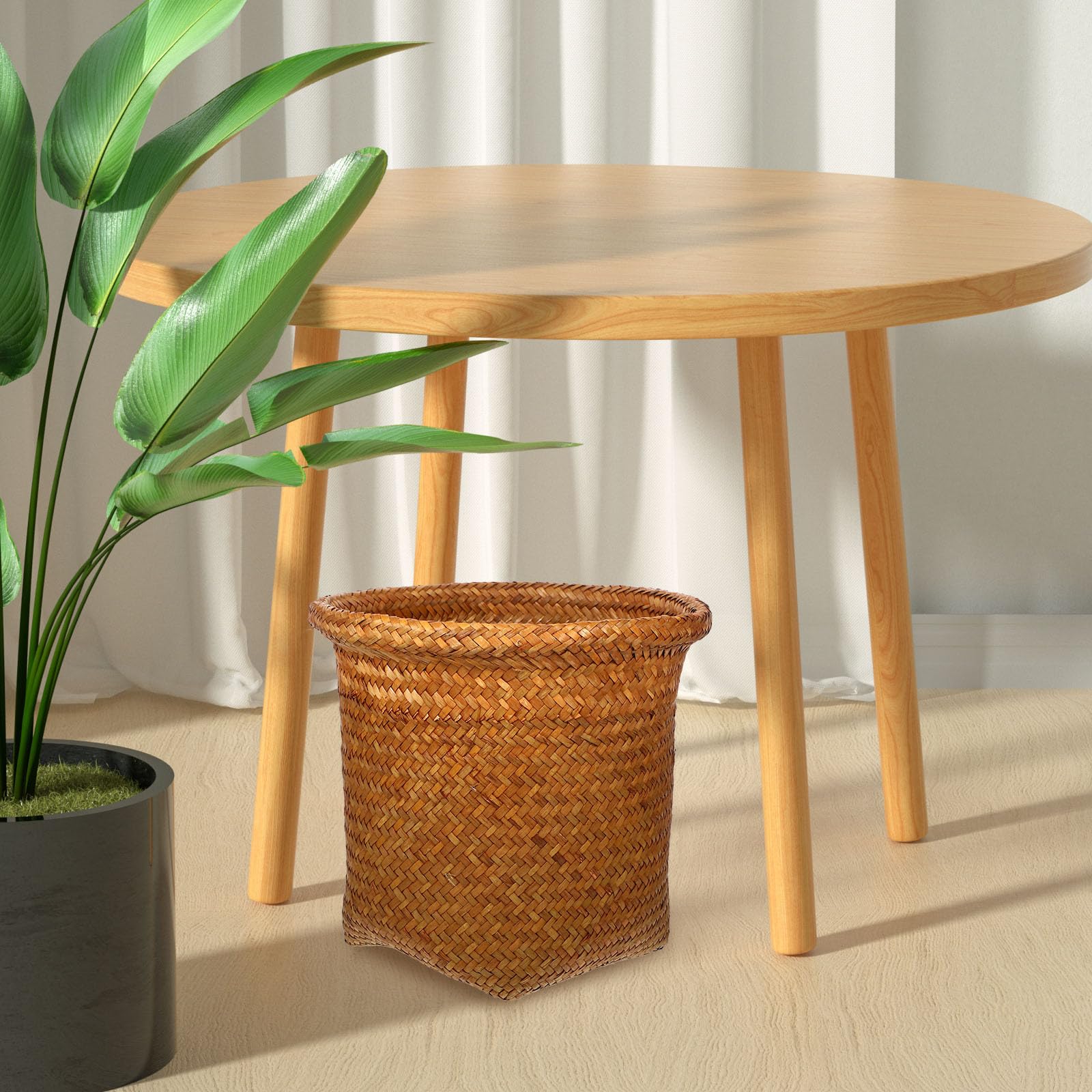 Rattan Waste Basket Trash Can: Seagrass Waste Basket Hand Woven Garbage Container Bin Laundry Hamper Plant Pot Holder for Kitchen Bathroom Office Home