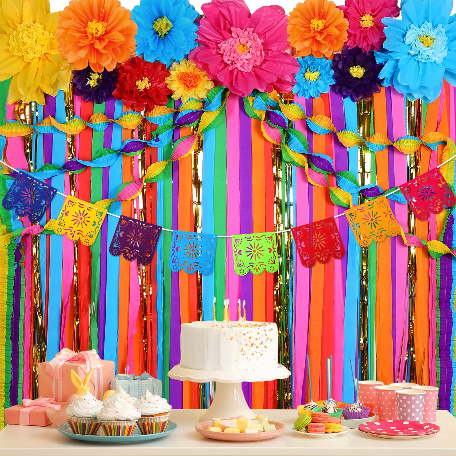 TaoBary 28 Pcs Mexican Party Decorations Set Mexican Paper Flowers Fiesta Ruffled Streamer Backdrop Papel Picado Banner Mexican Party Decorations for Cinco De Mayo Party Decor(Flower)