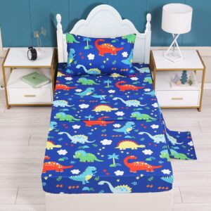 Cloele Dinosaur Twin Sheets Set for Boys - 3 Piece Blue Kids Bedding Sheet Set Includes Flat Sheet Fitted Sheet Pillowcase for Twin Beds - 100% Polyester Children Bed Sheet Set for Boys Deep Pocket