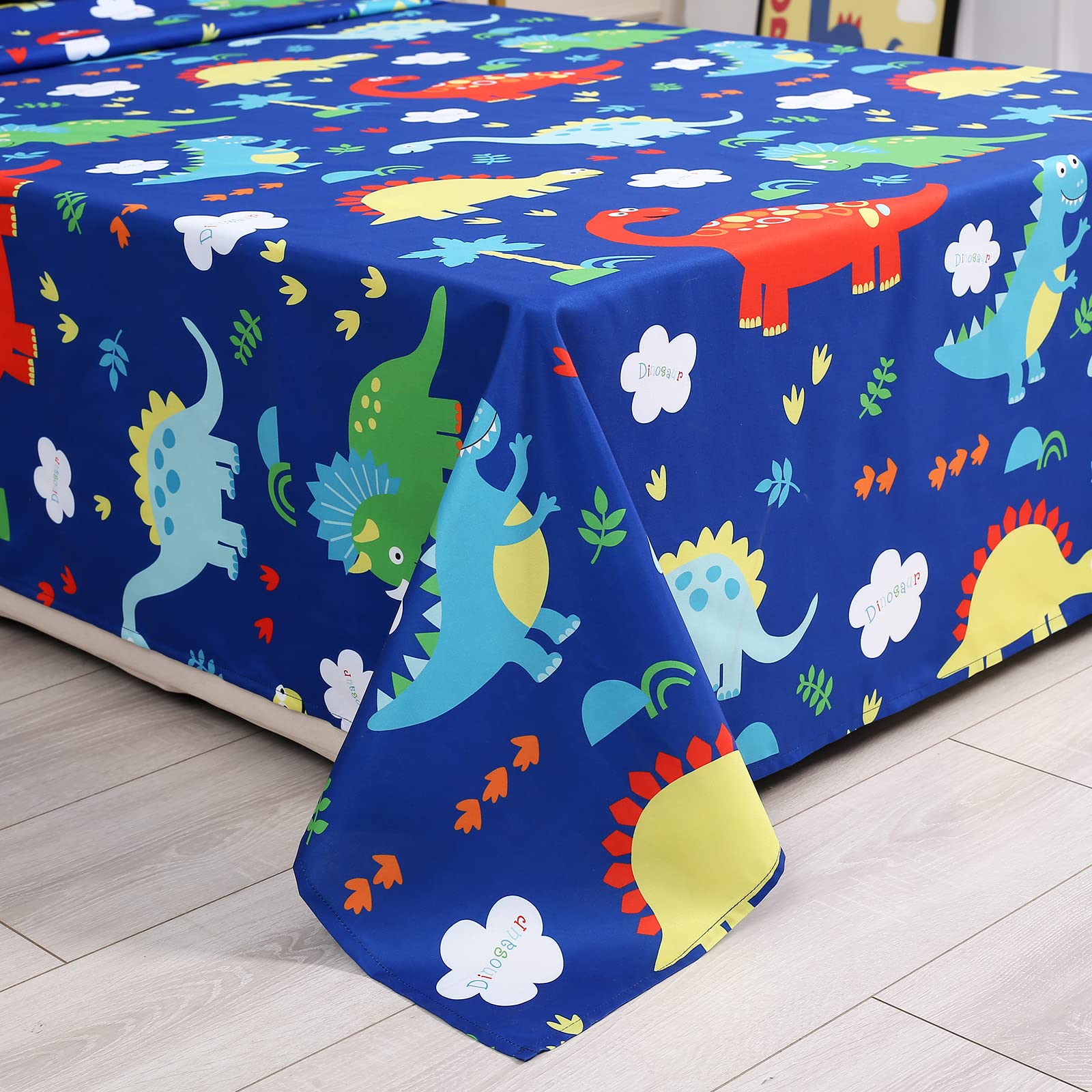 Cloele Dinosaur Twin Sheets Set for Boys - 3 Piece Blue Kids Bedding Sheet Set Includes Flat Sheet Fitted Sheet Pillowcase for Twin Beds - 100% Polyester Children Bed Sheet Set for Boys Deep Pocket