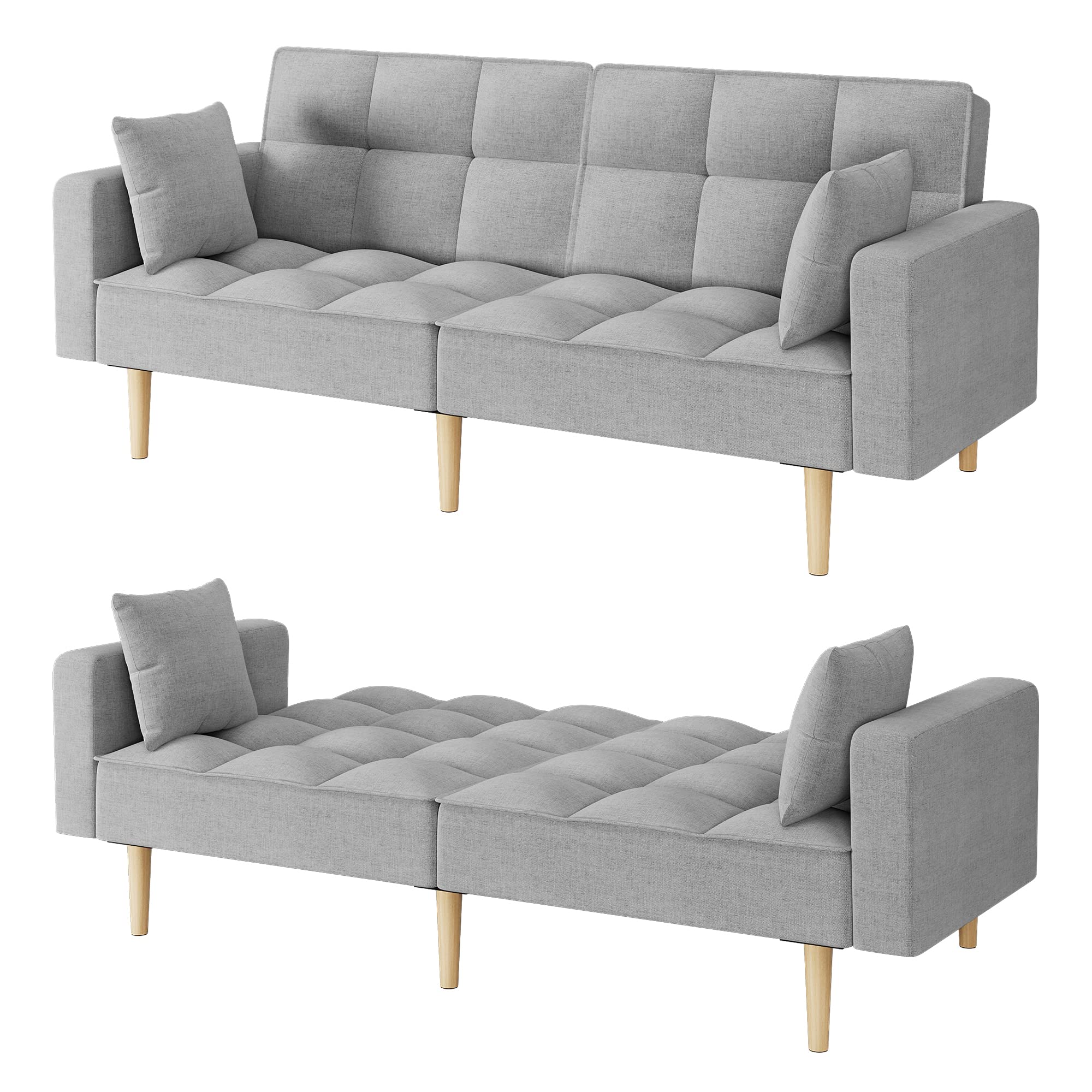 Assile 78" W Futon Couch Sofa with Heavy Duty Foundation and Thicken Wood Leg - Easy Assembly and Stylish Sofa Bed for Living Room and Bedroom in Light Grey