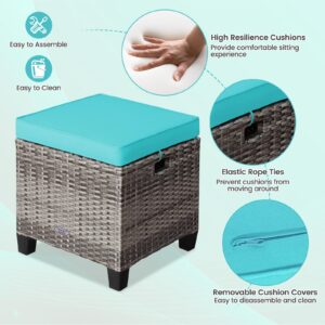 ORALNER Set of 2 Outdoor Ottoman, 16” Wicker Foot Stools, All-Weather Rattan Cube Footstool w/Removable Cushions, Square Footrest Extra Seating for Patio, Porch, Deck, Easy Assembly (Turquoise)