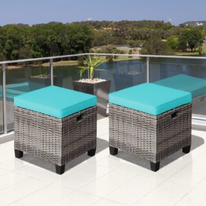 ORALNER Set of 2 Outdoor Ottoman, 16” Wicker Foot Stools, All-Weather Rattan Cube Footstool w/Removable Cushions, Square Footrest Extra Seating for Patio, Porch, Deck, Easy Assembly (Turquoise)