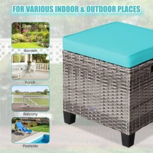 ORALNER Set of 2 Outdoor Ottoman, 16” Wicker Foot Stools, All-Weather Rattan Cube Footstool w/Removable Cushions, Square Footrest Extra Seating for Patio, Porch, Deck, Easy Assembly (Turquoise)