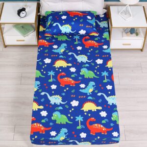 Cloele Dinosaur Twin Sheets Set for Boys - 3 Piece Blue Kids Bedding Sheet Set Includes Flat Sheet Fitted Sheet Pillowcase for Twin Beds - 100% Polyester Children Bed Sheet Set for Boys Deep Pocket