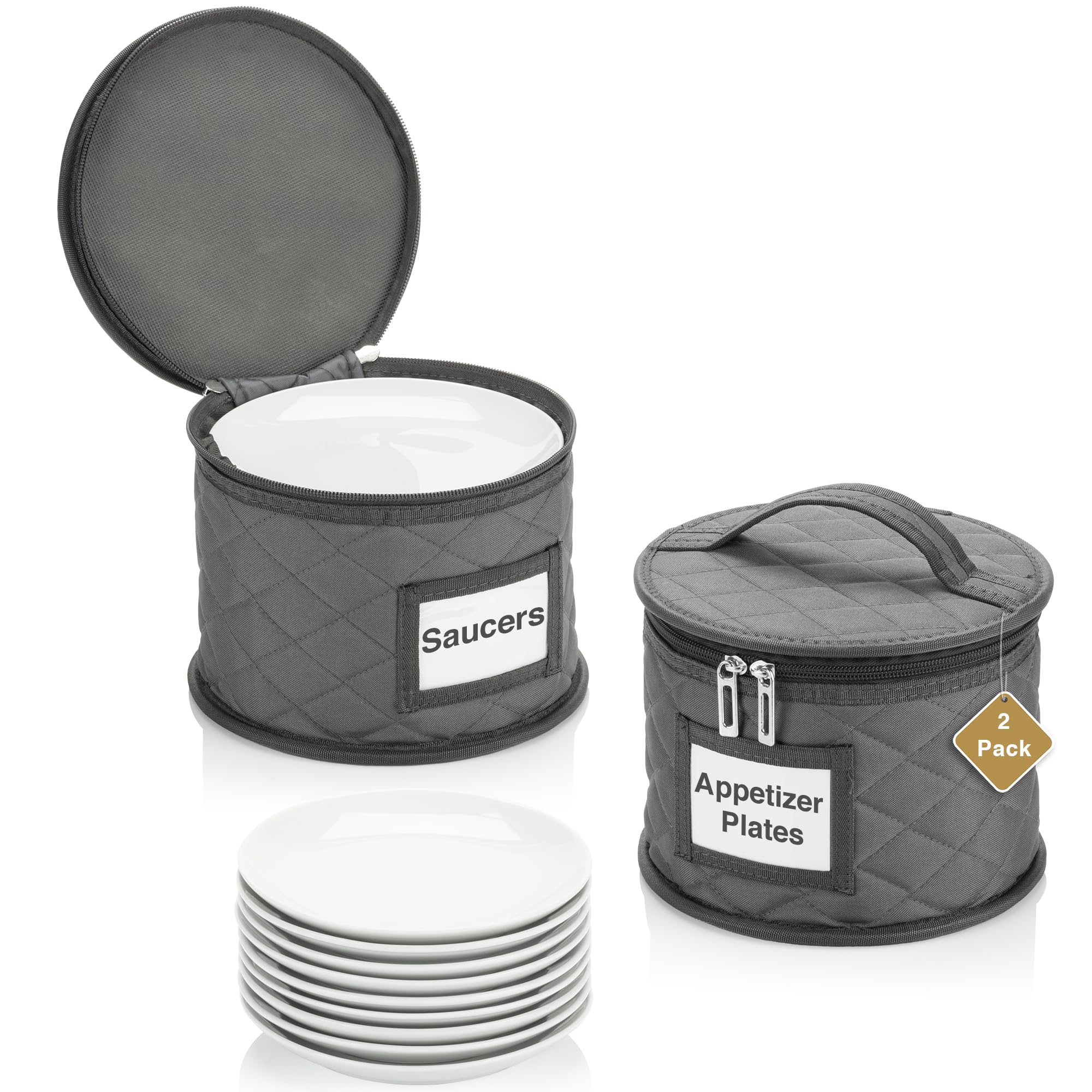 2 Pack 6" Small Plate Storage Case - China Storage Container - Stackable With Padded Interior to Store Dinnerware Dishes - 24 Felt Dividers Included - Gray - Great for Saucers and Small Bowls