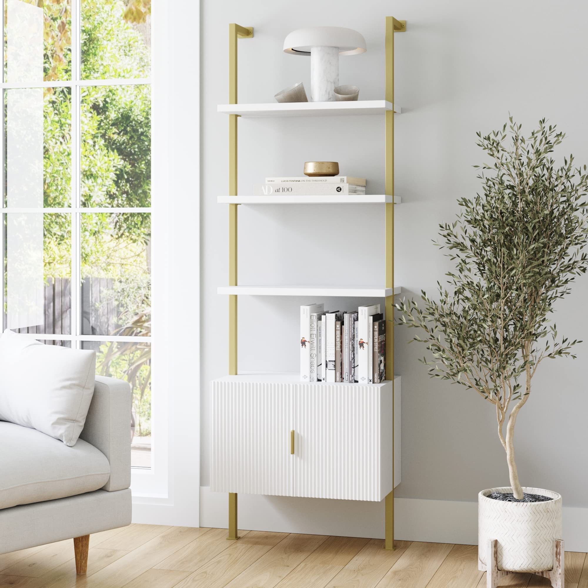 Nathan James Theo Mid-Century Modern Bookcase with Cabinet Fluted Texture, White Open Shelves and Brass Metal Frame Living Room, Home Office Storage