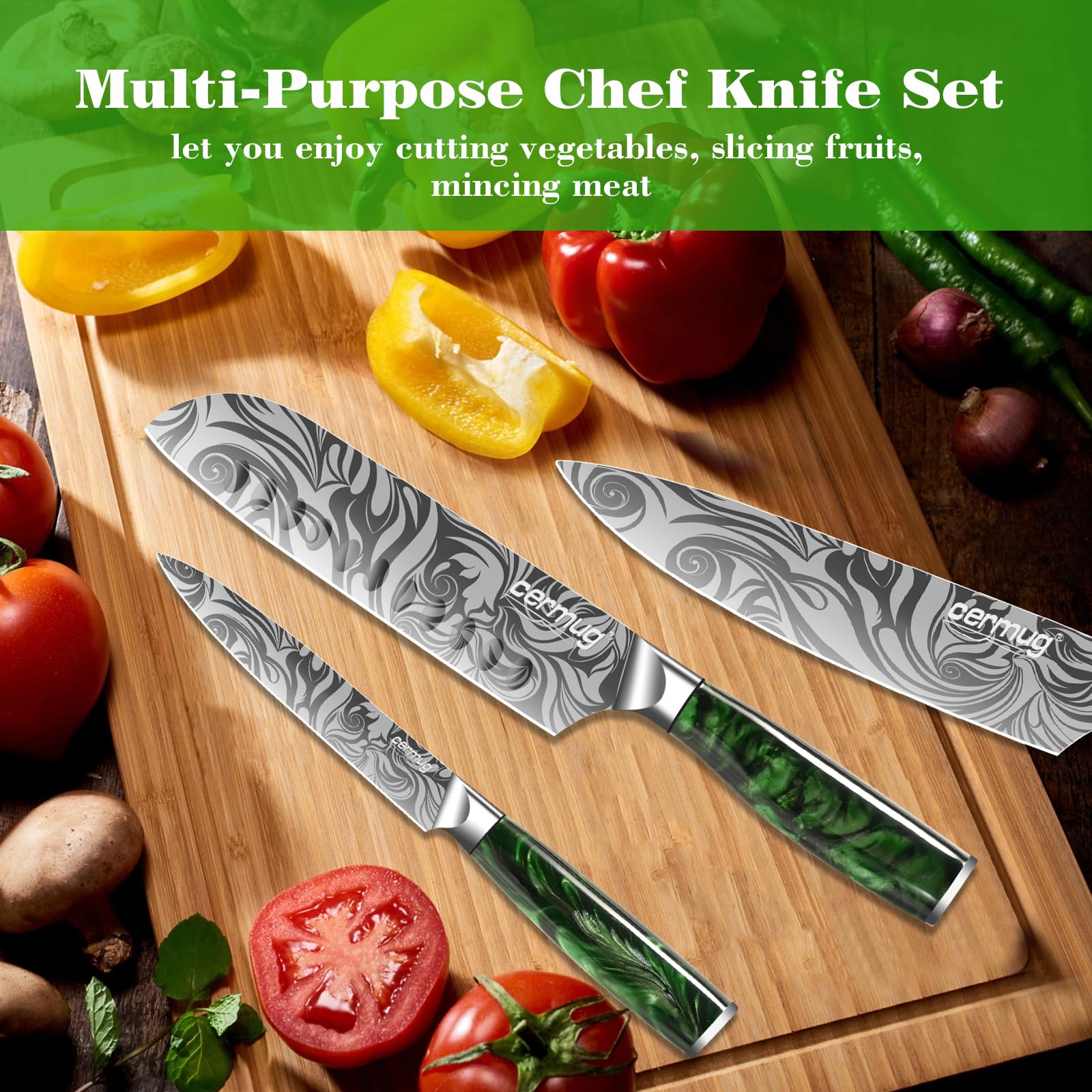 Chef Knife Set for Kitchen, 3Pcs German Carbon Stainless Steel Kitchen Knife, Professional Chefs Knife Set Ultra Sharp Chef Knife for Home, Restaurant (Green Handle)